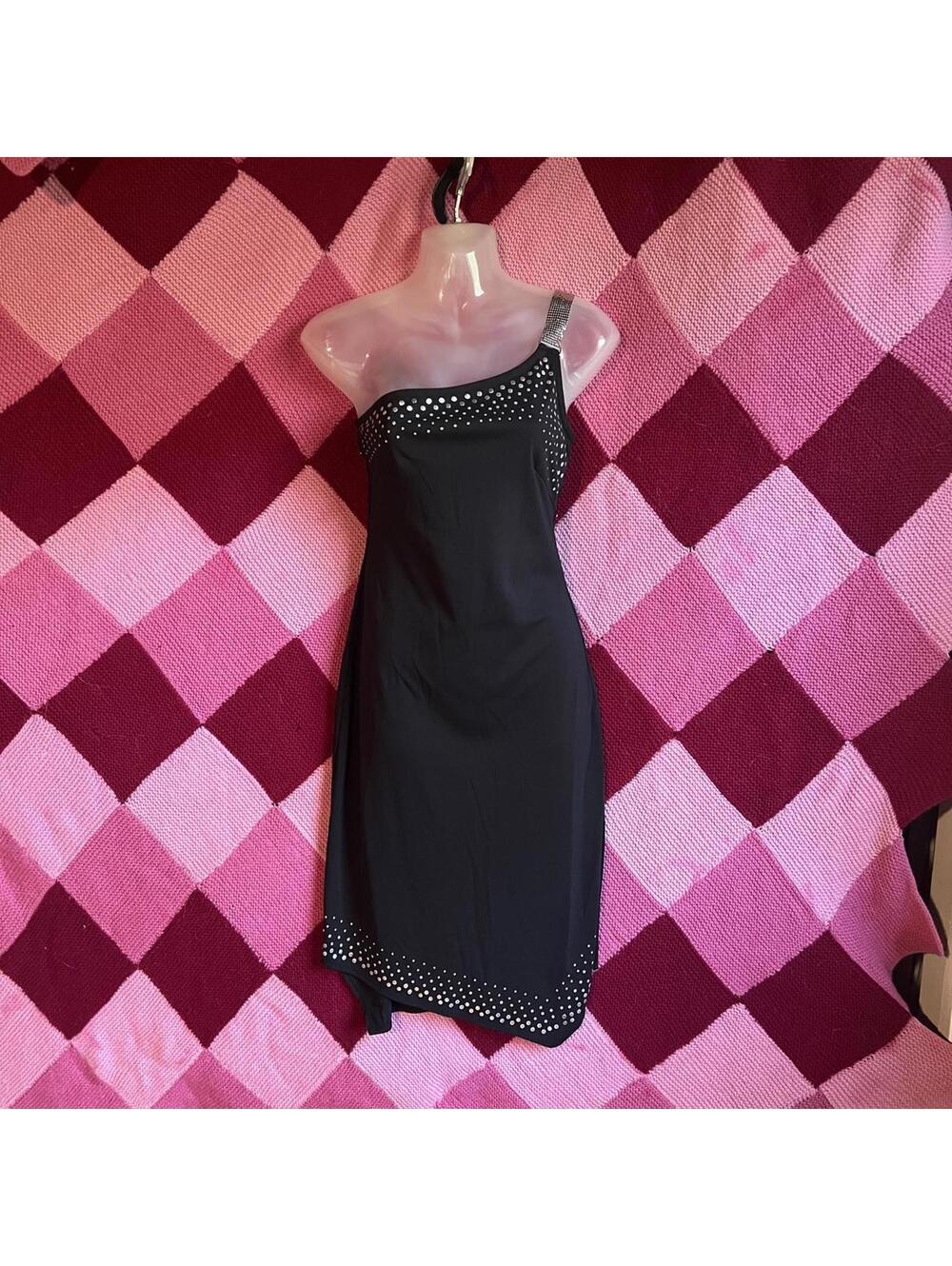 y2k black assymetrical one shoulder silver studded dress